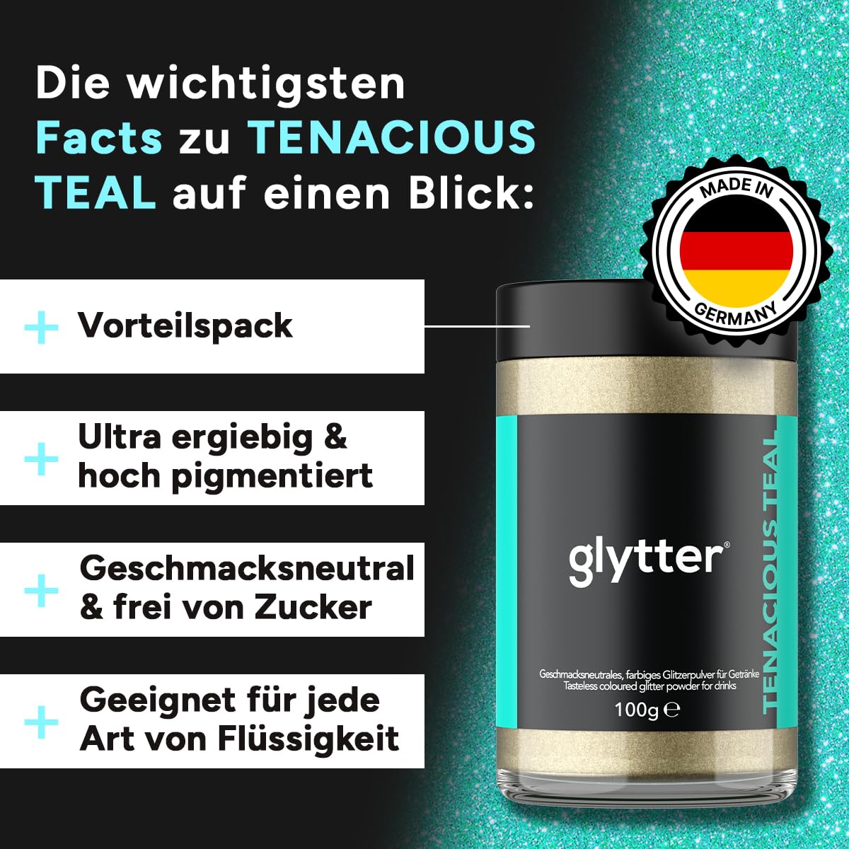 Glytter Glitzerpulver für Getränke (Türkis) - essbarer Glitzer für Drinks, Cocktails, 1000 Getränke MADE IN GERMANY