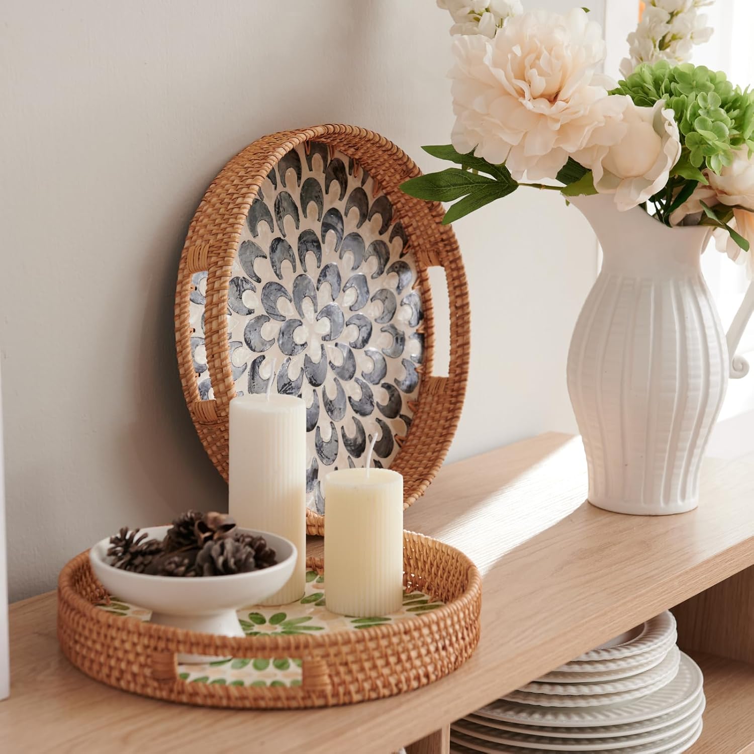 YANGQIHOME Round Serving Tray with Handle, Rattan Tray with Decorative Mother of Pearl Inlay, Round Wicker Trays for Home Decor, Coffee Table, Gifts, Dining,13.8 inch - Image 2