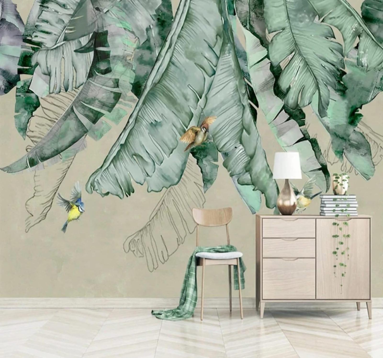 Vintage Hand Drawn Plants Banana Leaves Birds 3D Wallpaper Easy Install Feature Office Living Room Sofa Bedroom TV Background Wall Decoration-400cm×280cm
