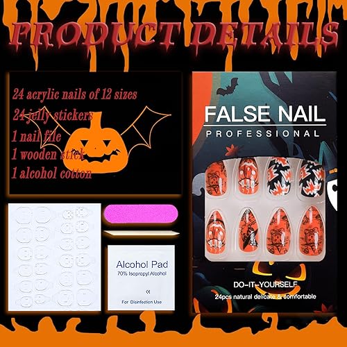 Miniatura 10 de Uñas postizas a presión de Halloween, cuadradas, medianas, francesas, color negro, degradado, cobertura completa, calavera, corazón rosa, con