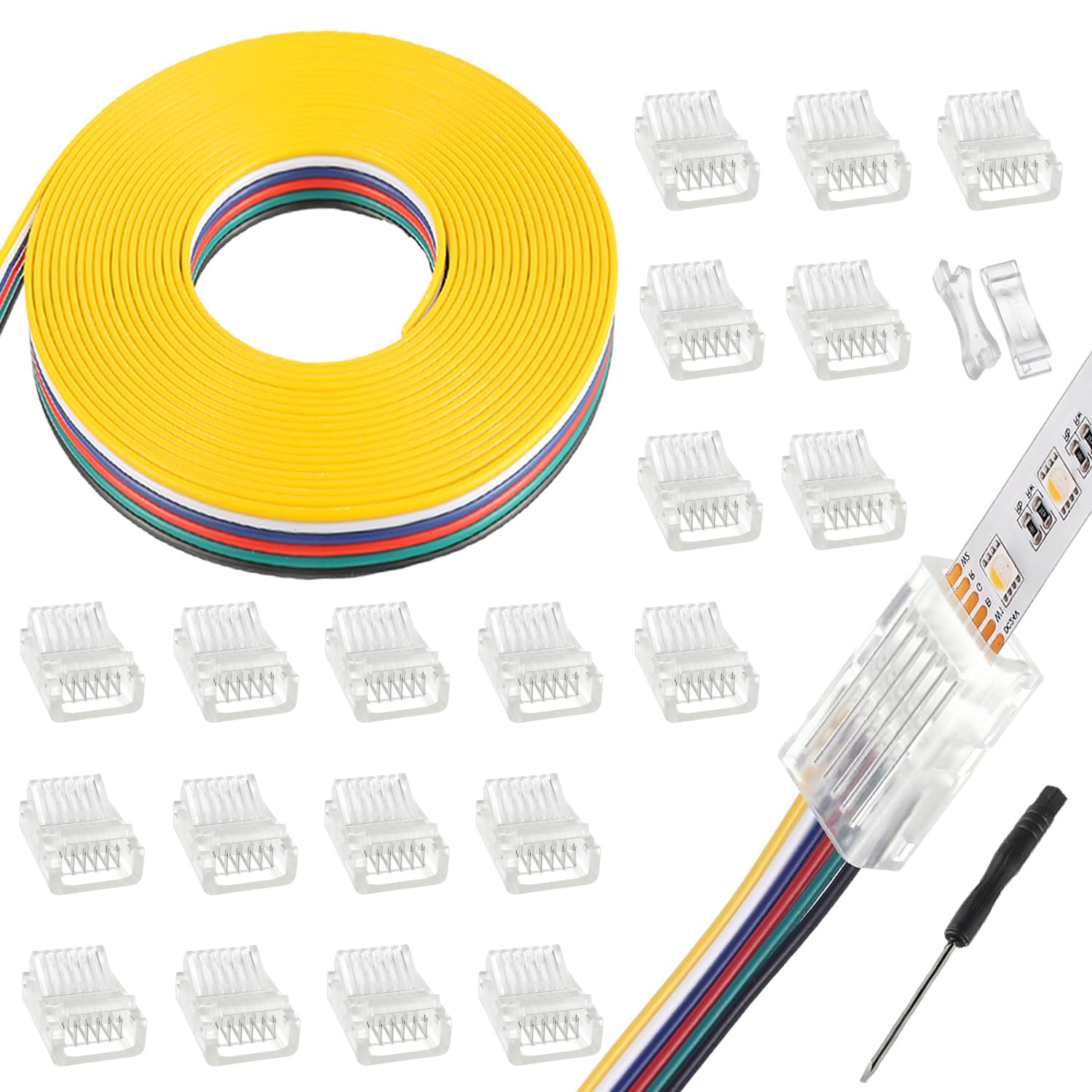 EPLZON 6 Pin 12 mm LED Strip Connector LED Light Quick Connector RGB Lights Adapter Clear Unwired Gapless Track Lighting Connector with 5M/16.4ft Cable(20pcs)