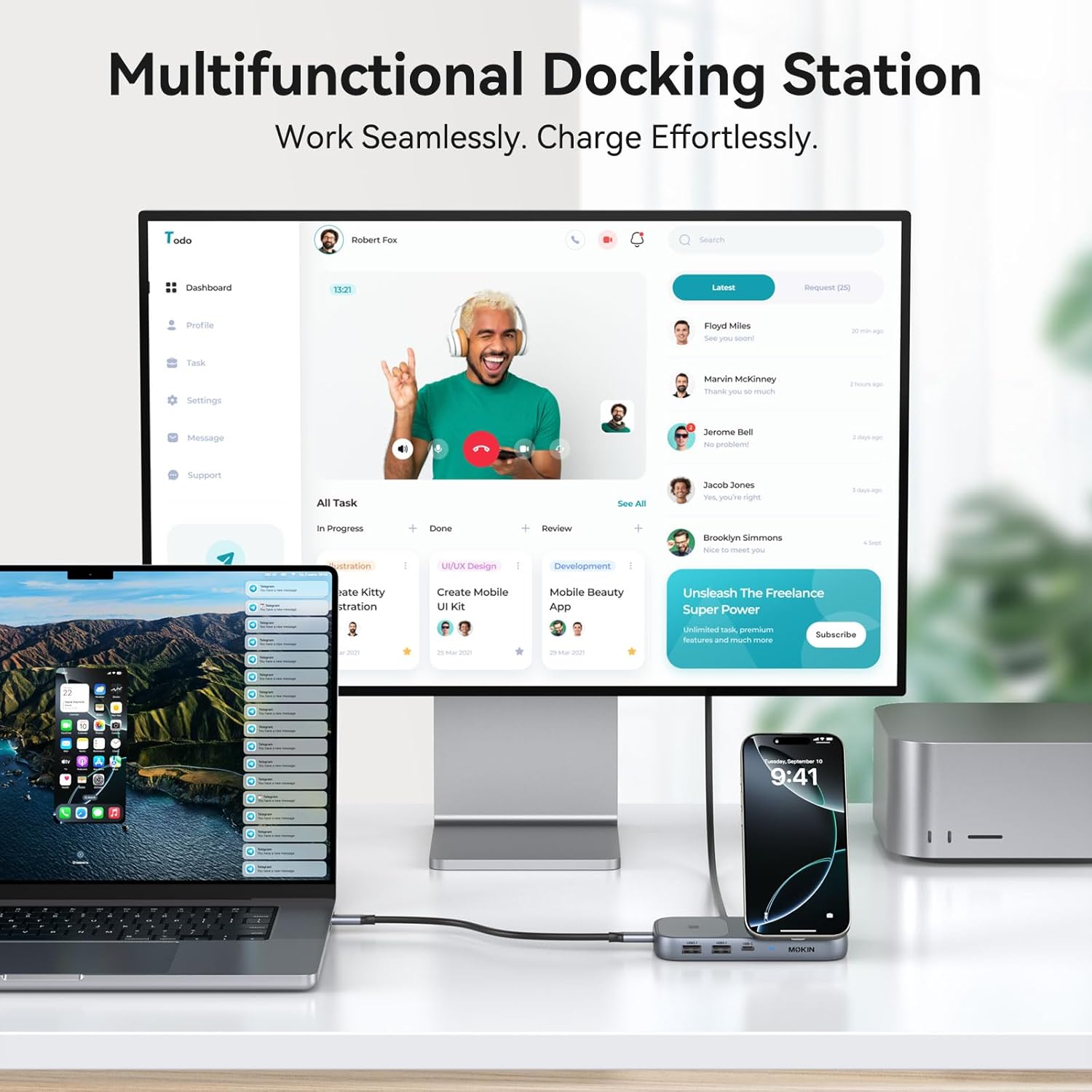 MOKiN USB C Hub with 15W Qi2 Wireless Charger, Laptop Docking Station to 4K HDMI, 100W PD, 10Gbps Ports, 15W+5W Wireless Charging Stand for iPhone 16/15/14/13 & Airpods, USBC Dock for MacBook/Windows