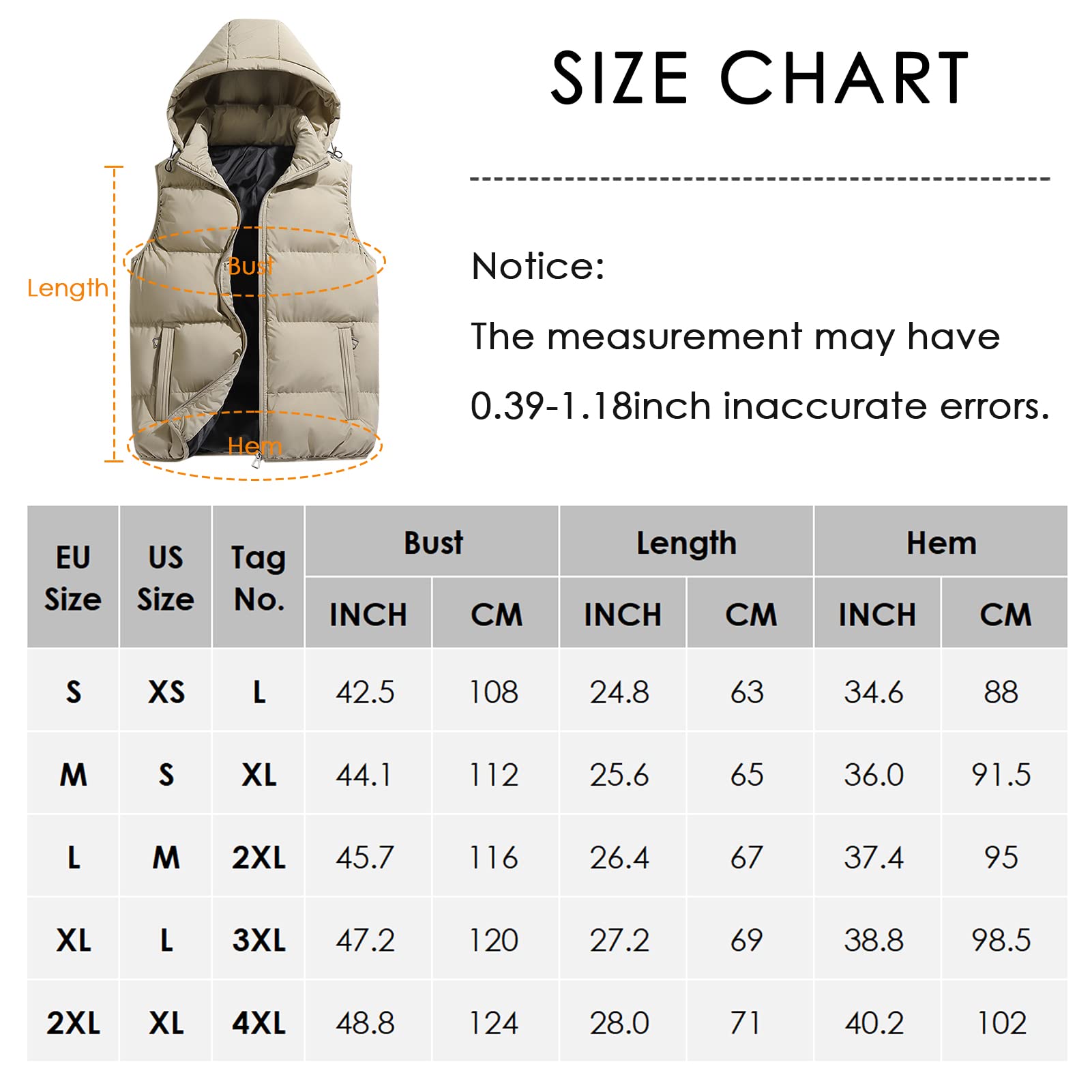 AIEOE Piumino Gilet Uomo Senza Maniche Multitasche Leggero Imbottito con Cappuccio Staccabile e Zip Elegante Etichetta XXL = IT M Cachi