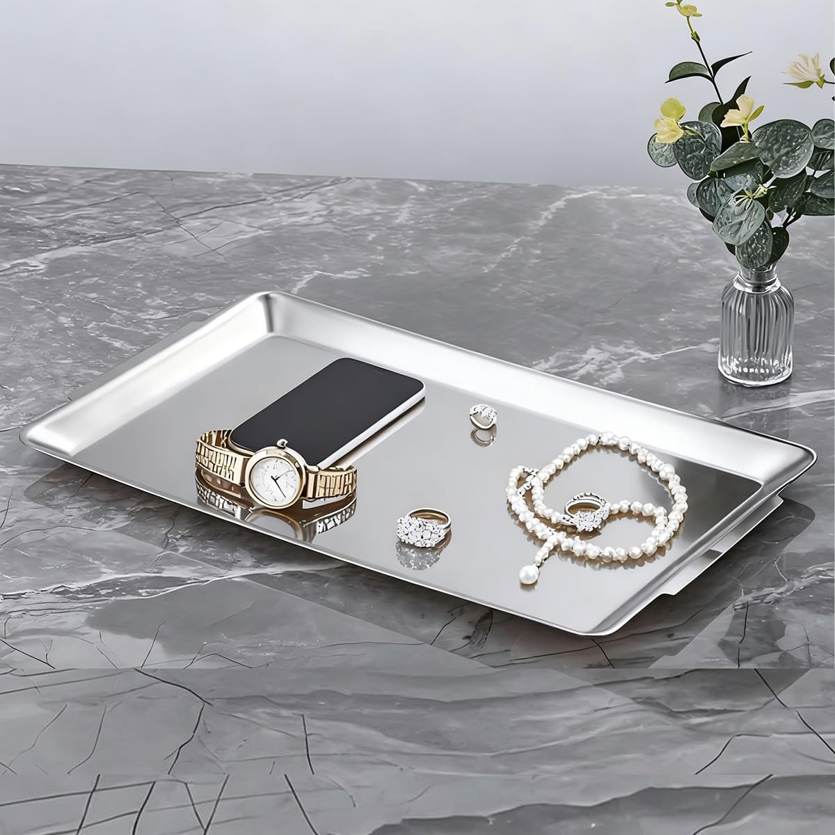 40x24cm große Servierplatten, 2er Set,robuste große Serviertabletts aus Edelstahl, Silber rechteckige Tablett für Essen, Obst, Party, Hochzeit, Weihnachten