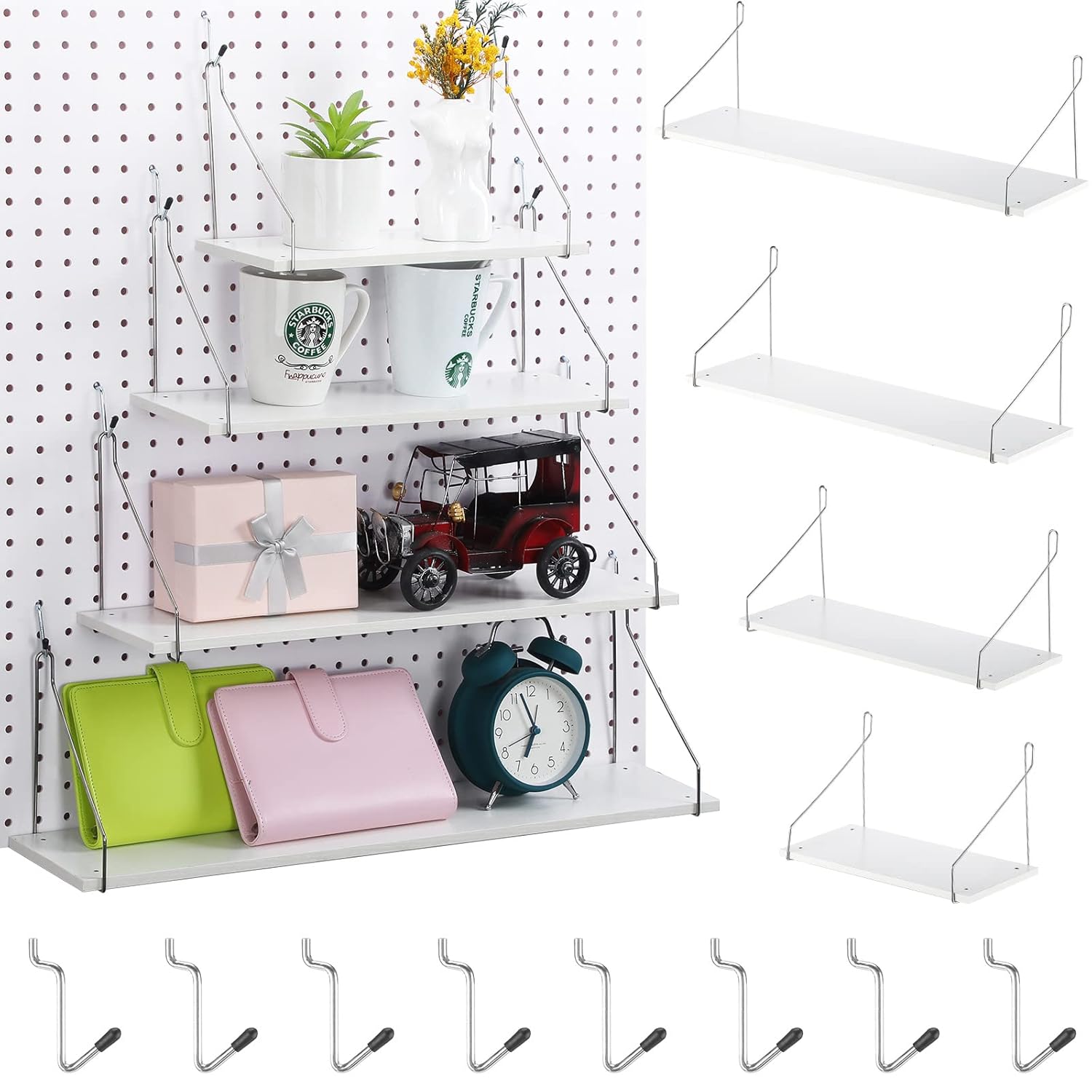 4 Pack White Pegboard Shelf Set Pegboard Shelves with Pegboard Hooks Peg Board Organizer Storage