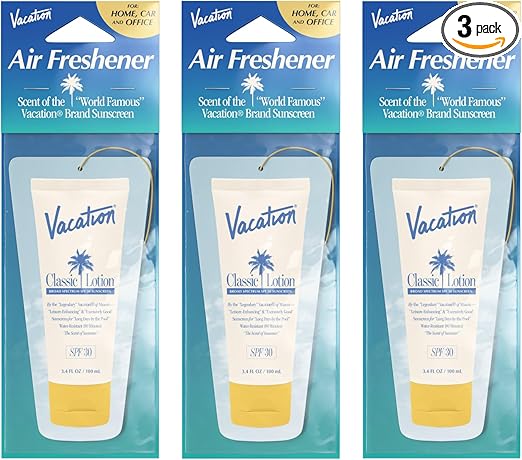 Vacation Hanging Air Freshener, Award-Winning Signature Sunscreen Scent, Deodorizer for Car, Home & Office (Pack of 3)