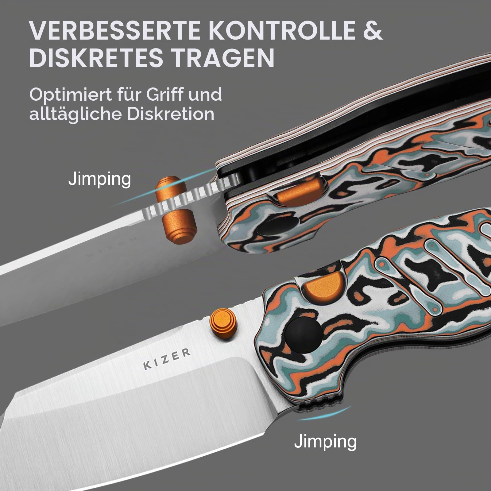 Kizer C01C 275 Sheepdog EDC Taschenmesser Klappmesser, V3488.27M2 | 7 cm AEB-L Klinge Campingmesser und Rot-grüner Micarta-Griff mit Wirbelmuster, Kleine Daumenknopf-Öffner Camping EDC-Messer