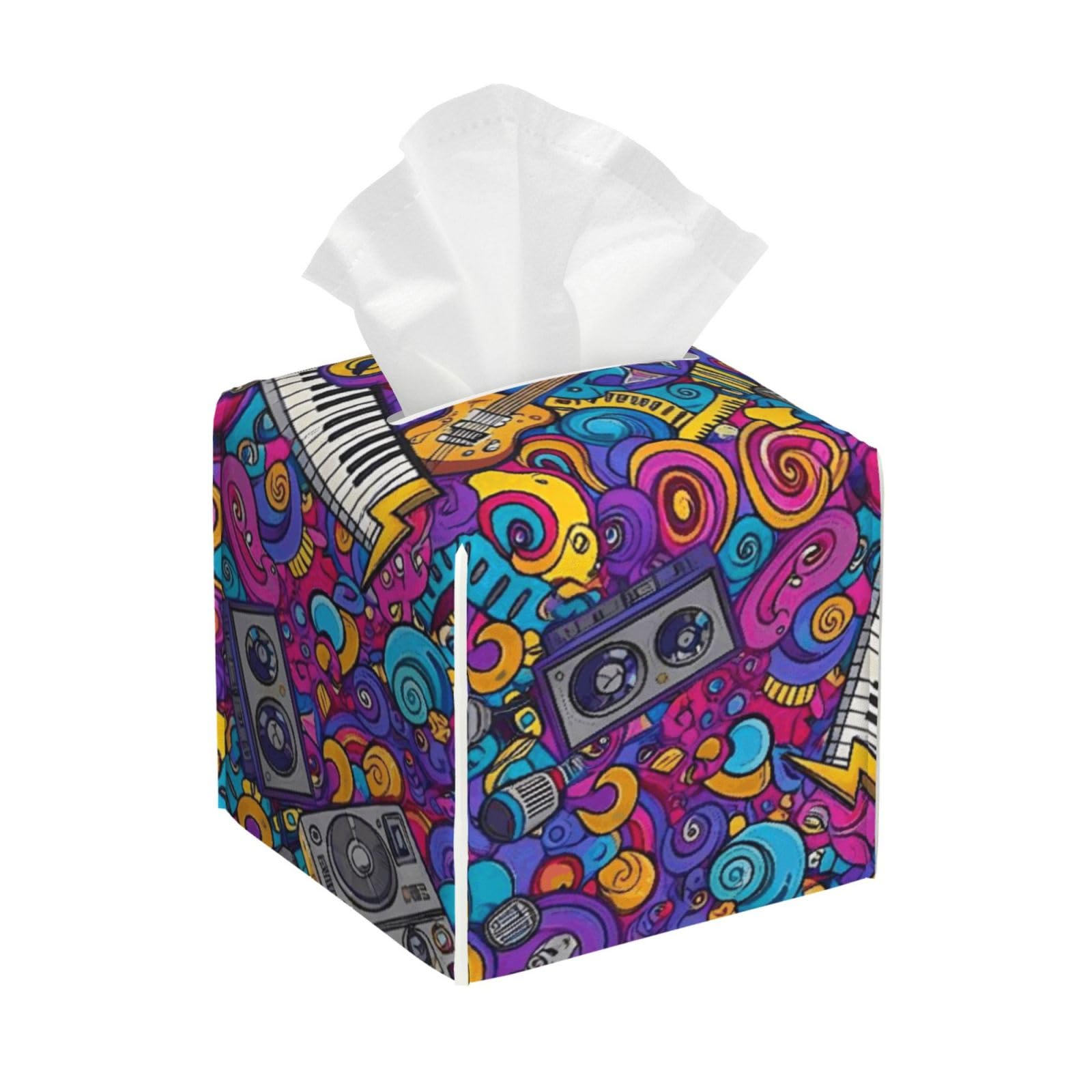 Cartoon Cute Doodles Disco Music Guitar Colorful Leather Tissue Box Cover Holder Square Facial Paper Organizer 5.2" X 5.2" X 5.2"