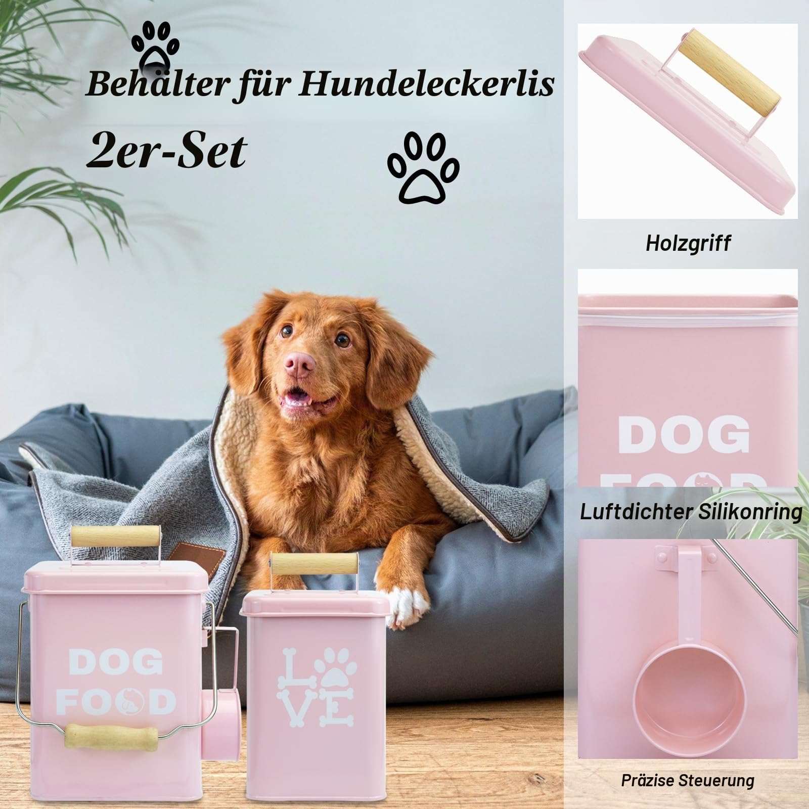 Set Von 2 Metall-Hundefutterbehältern-24,5x14,5cm&21,8x12cm, Rosa Großer Niedliches Leckerli-Glas Mit Deckel, Inklusive Löffel und Hundespielzeug, Futterbehälter Für Haustiere Für Küchenarbeitsplatte