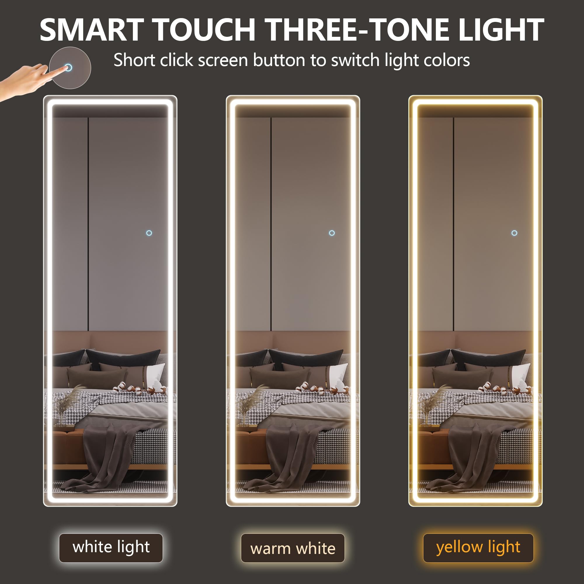 LVSOMT Espejo de pie Cuerpo Entero con luz, 153x50cm Espejo de pie Grande, LED Espejos de Cuerpo Entero Pared Rectangular, Espejo Cuerpo Entero Pared LED, Espejo Pared Vestidor, Dormitorio, Blanco