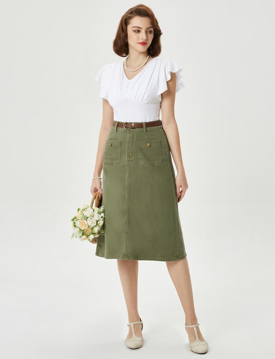 Belle Poque Denim Skirt with Belt Below Knee Length High Waisted Jean Skirts for Women - Image 4
