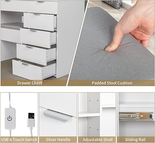 Miniatura 4 de Karl home Escritorio de tocador con espejo deslizante, tocador de maquillaje de 6 cajones, escritorio de maquillaje para dormitorio, mesa de tocador