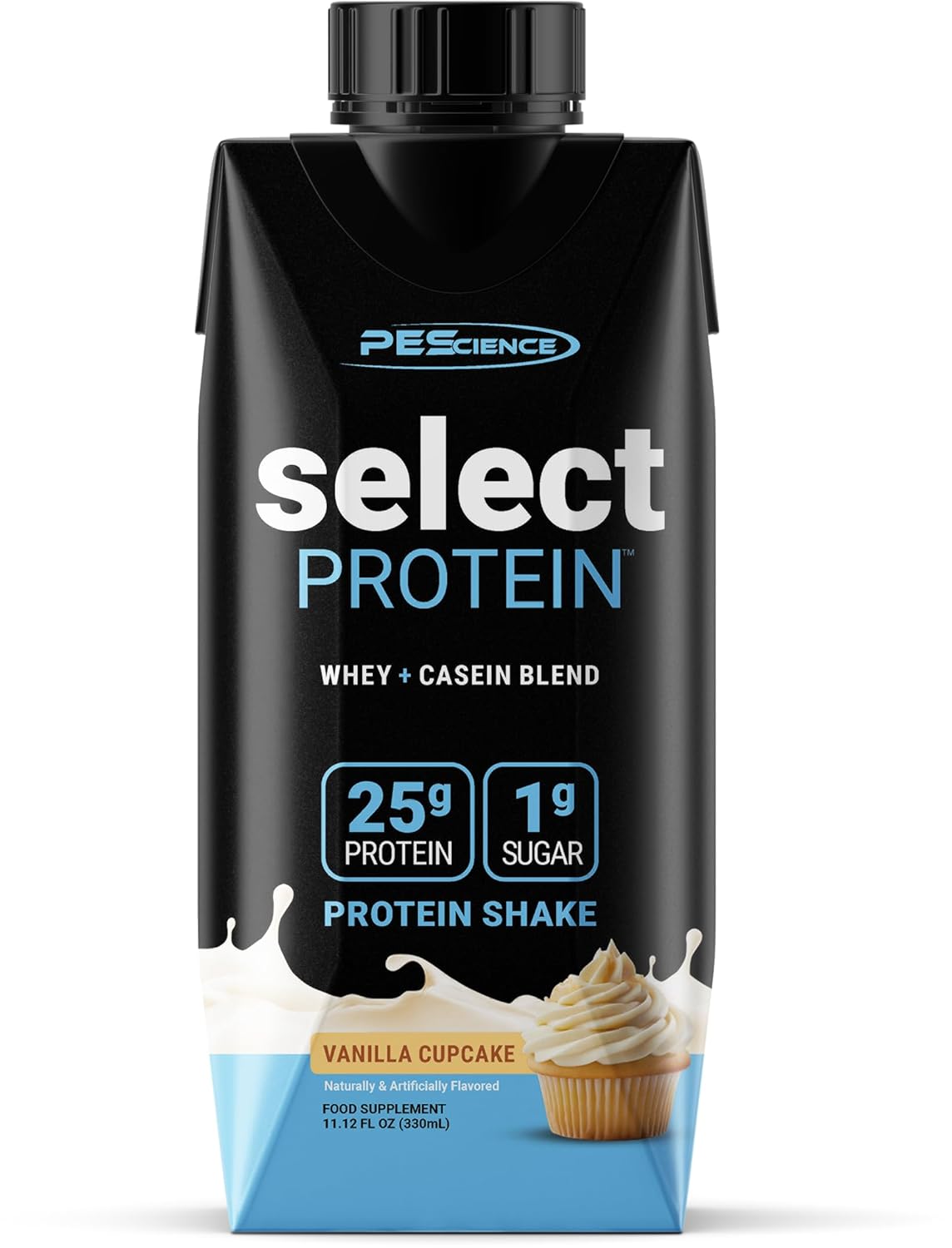 PEScience Select Protein Shake RTD, 25g Whey and Casein Blend, High Protein Drink, Gluten Free, Keto Friendly, 0g Sugar, Low Carb Ready to Drink Meal Replacement, Vanilla Cupcake - Pack of 12