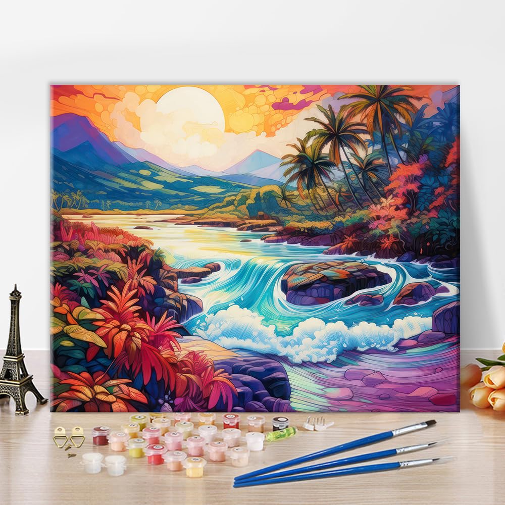 Tropical Island with Palm Trees DIY Paint by Number Colourful Landscapes Paint by Numbers for Adults Kids Paint by Numbers on Canvas Waves Paint by Numbers for Beginner Oil Painting Kits 16x20inch