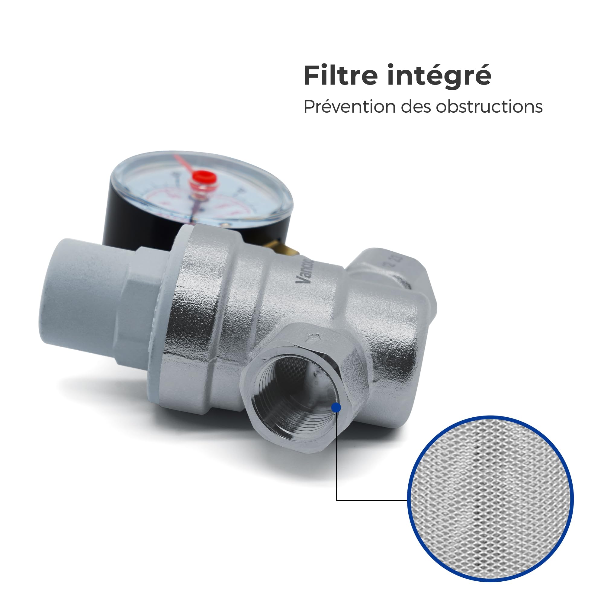 VANCOCO DN15 Réducteur de Pression d'eau 1/2 15/21 pouce, Chauffe-eau Réglable en Laiton, avec Manomètre et filtre