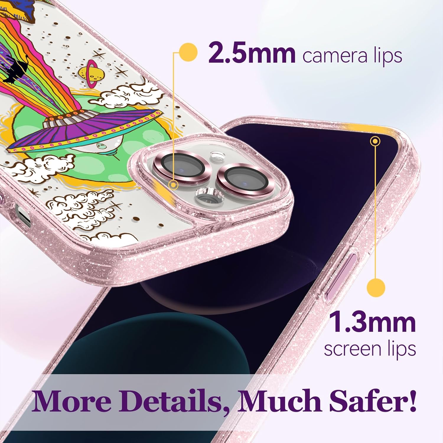 Compatible for iPhone 15 Case Cute Aesthetic - Glitter Pink Phone Case with Camera Protector - Girly UFO Pattern Print Cover with Wrist Strap Design for Woman Girl 6.1"