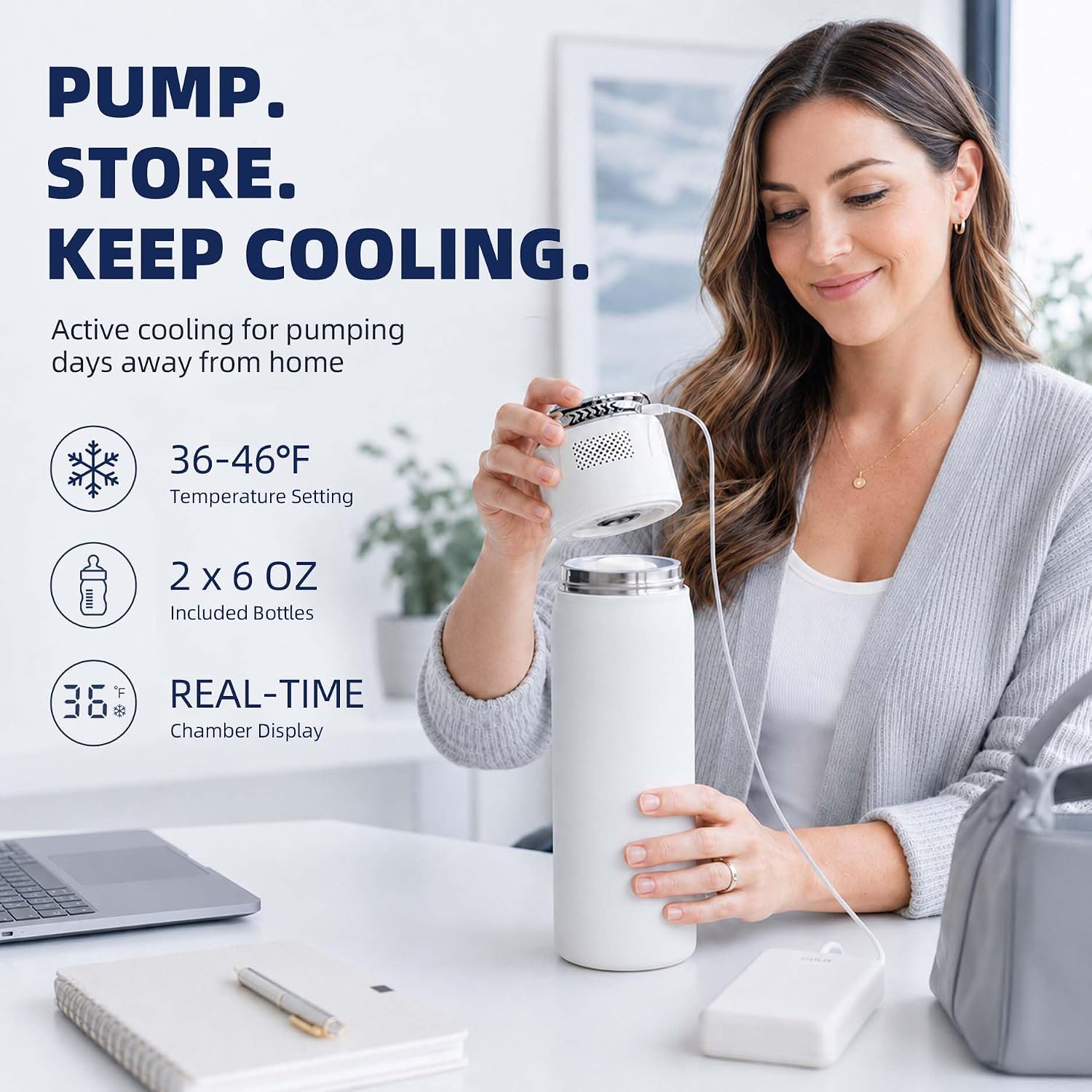 Electric Breast Milk Cooler Bottle with Active Cooling, Portable Breastmilk Storage, 12oz Breast Milk Capacity, No Ice Needed, Mini Fridge Style Chiller, USB Powered, Stainless Steel, TSA Approved