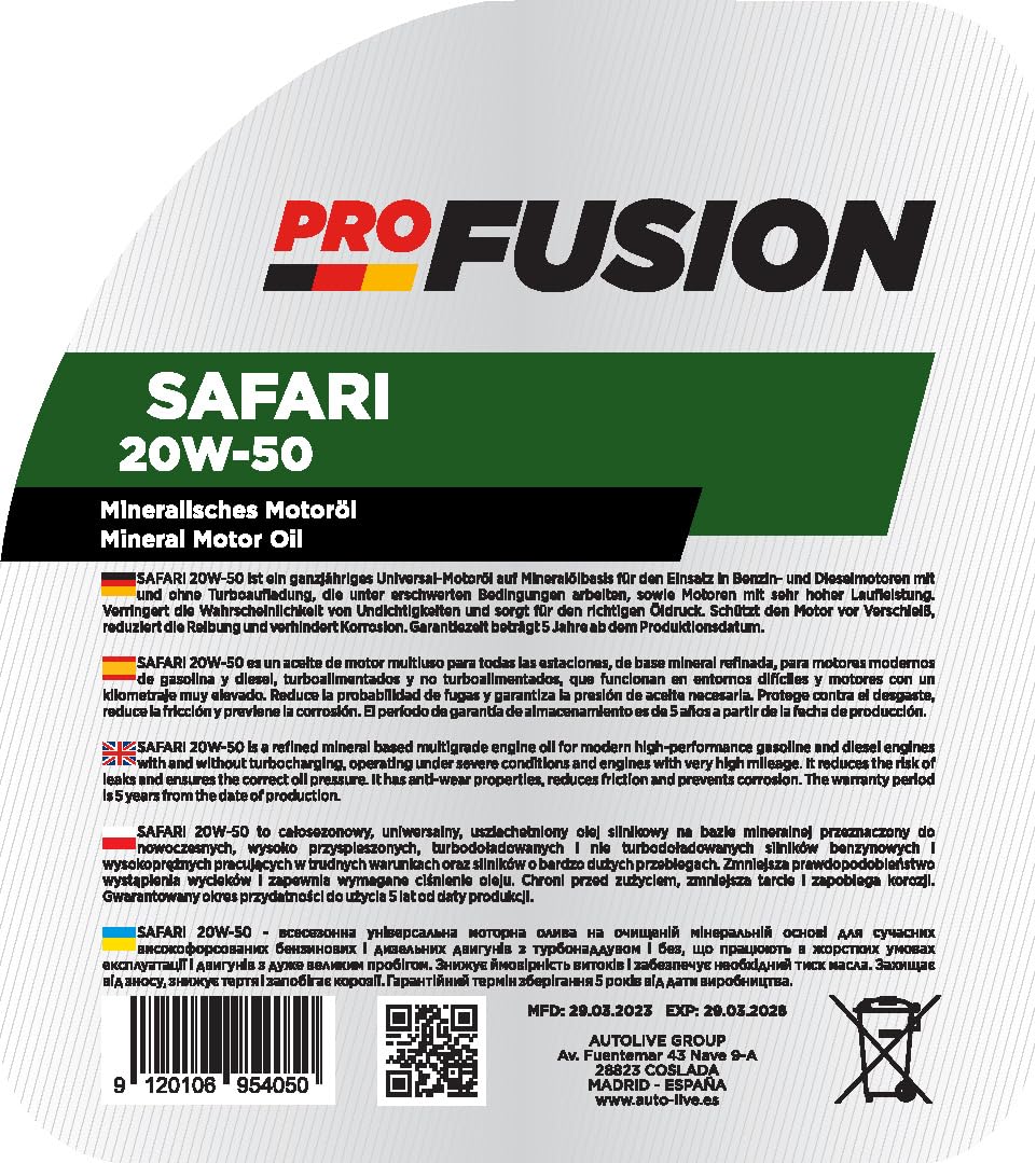 ProFusion Aceite 20W50 para Motores Gasolina y Diésel - Lubricante Mineral para Coche - Pack de 2 x 5L = 10L