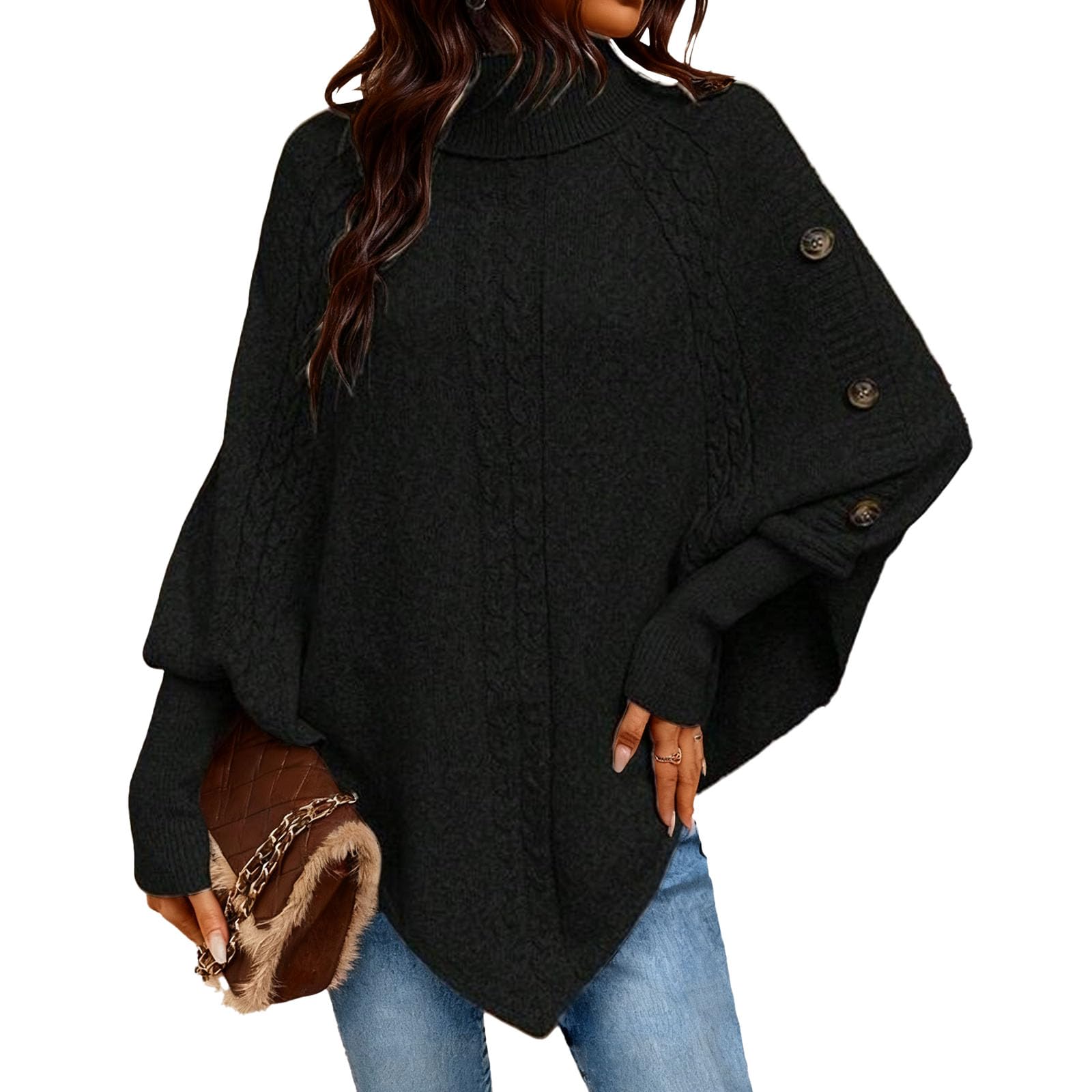Turtleneck Sweaters for Women Fall Winter 2025 Chunky Knit Poncho Cape Wrap Pullover Jumper Tops