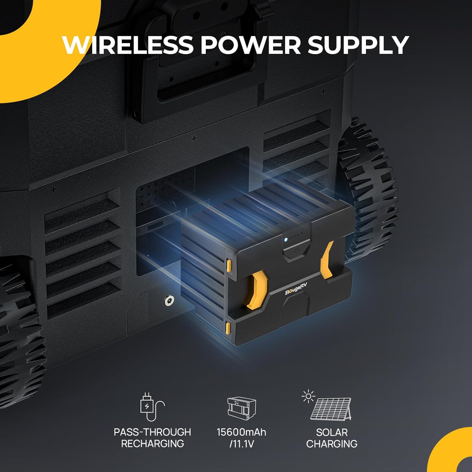 Diagram showing wireless power supply with pass-through recharging, 15600mAh battery, and solar charging capability