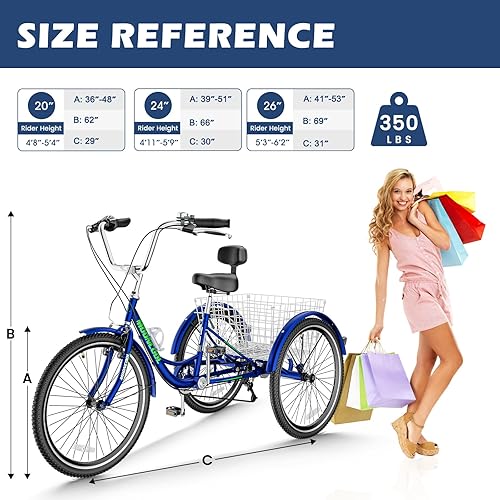 Miniatura 5 de Barbella Triciclos para adultos, 7 velocidades para adultos, bicicletas de 3 ruedas de 20/24/26 pulgadas, bicicleta de crucero con cesta para
