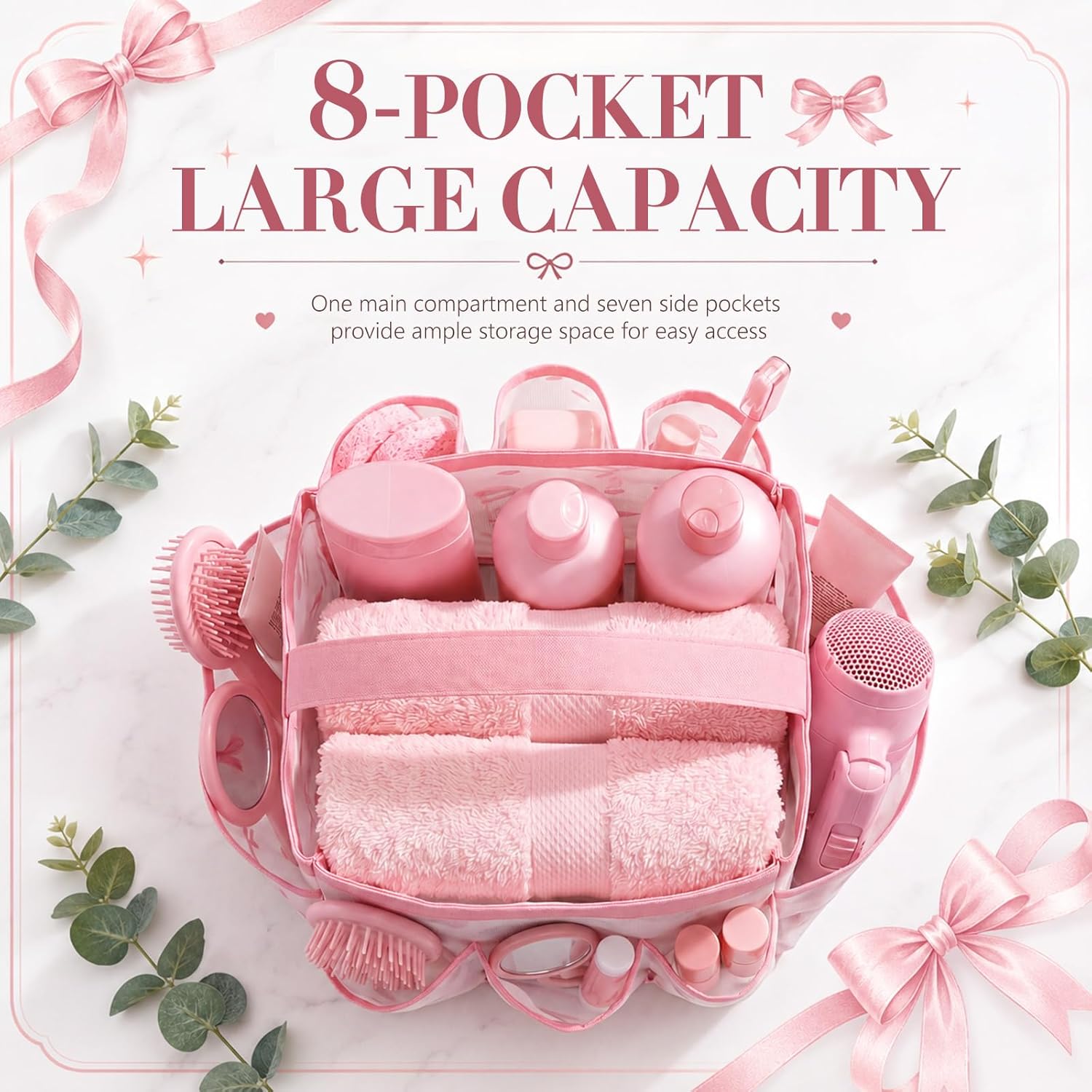 Pink Bow Mesh Shower Caddy for College Dorm Room, Coquette Preppy Hanging Shower Bag Basket Essentials with 8 Pockets, Quick Dry Portable Bathroom Toiletry Tote for Gym Travel Camp Beach