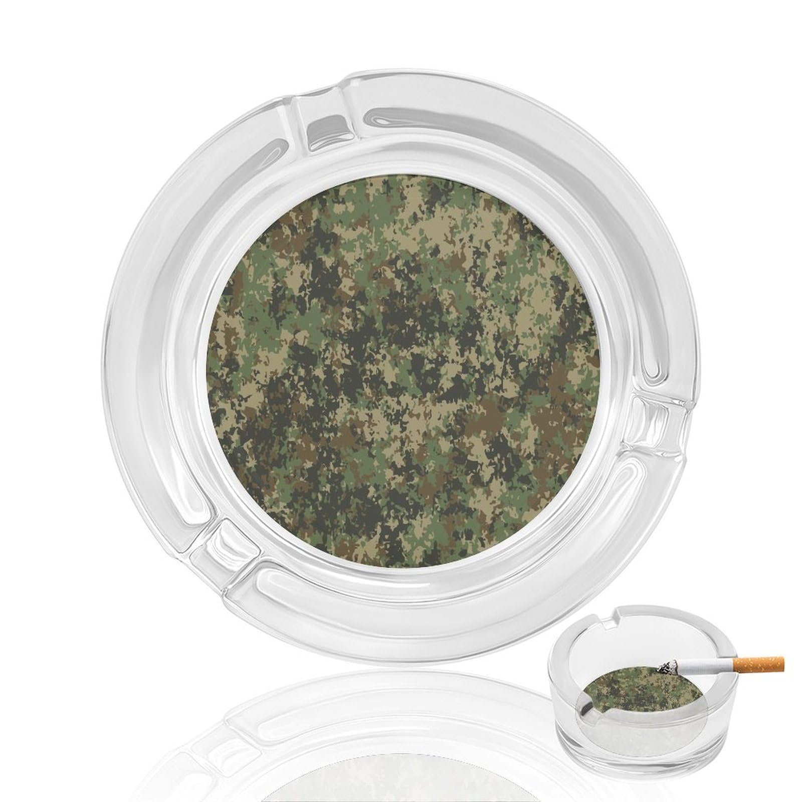 Camouflage Pattern39 Glass Ashtray 3.3 Inch Round Cigarette Ash Holder with 4 Grooves for Home Office Outdoor One Size