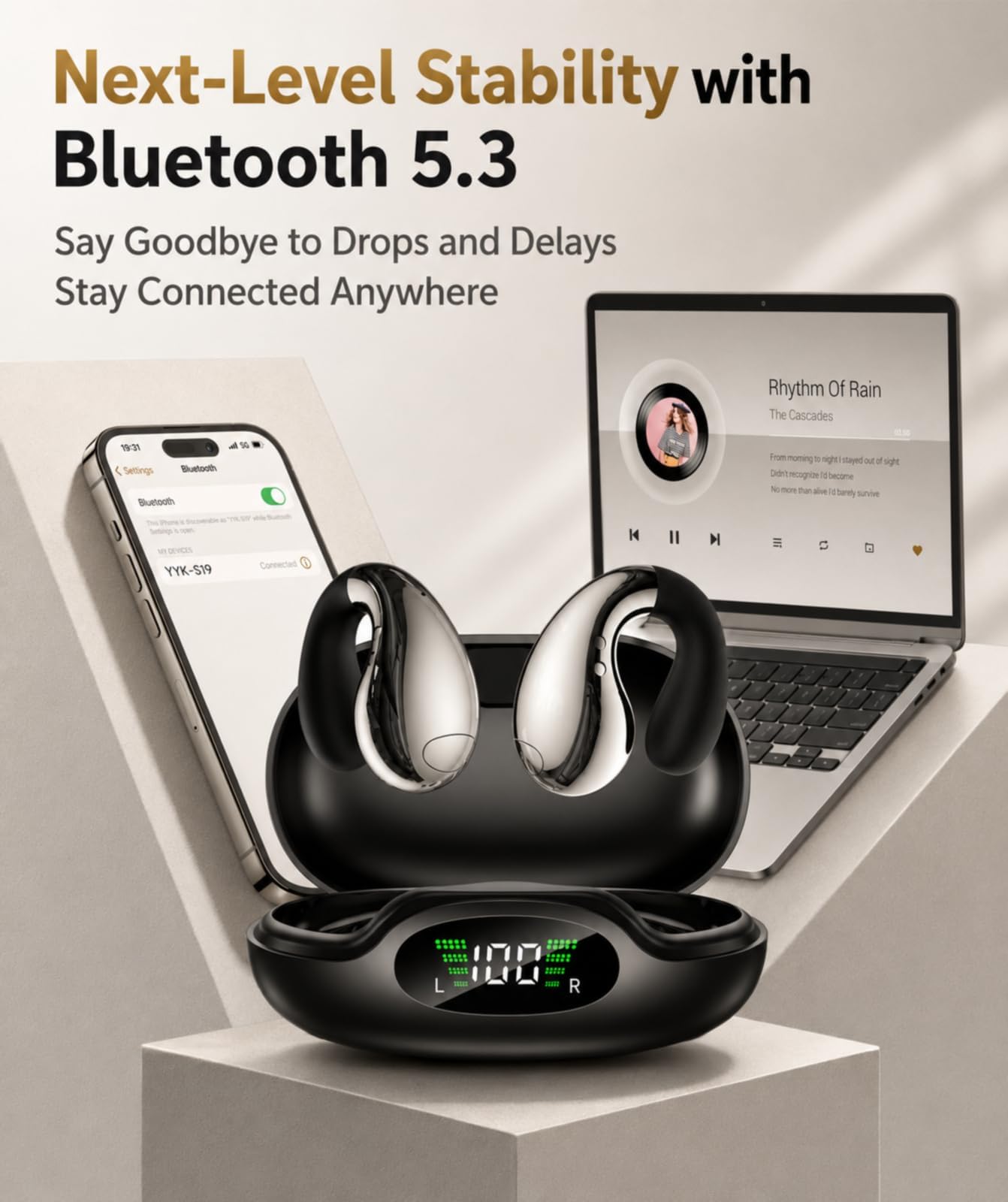 Boytond Auricolari ultra aperti, ergonomici a clip, cuffie over-the-ear a conduzione ossea piccola con design impermeabile, perfette per la corsa per sport e fitness, nero lucido