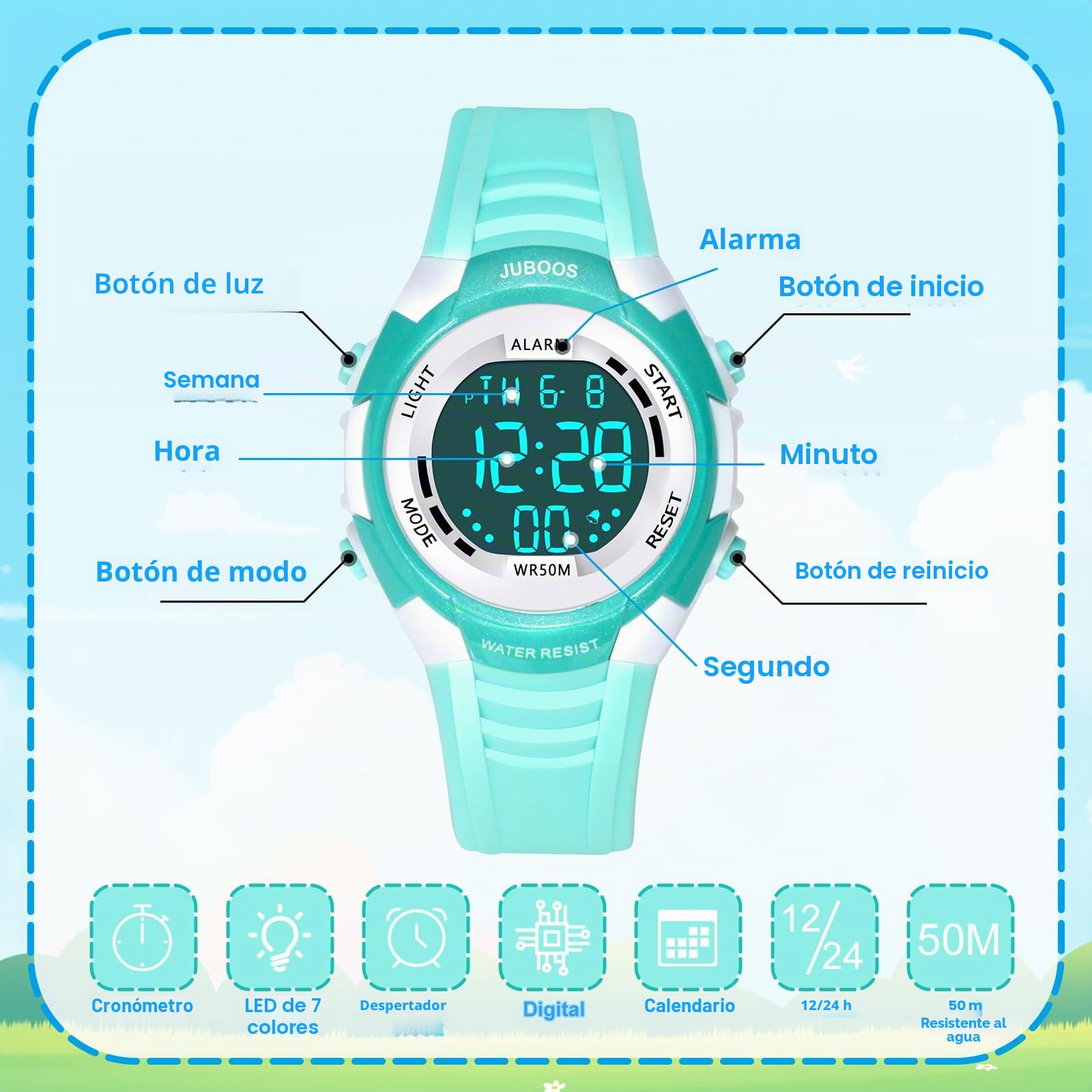 Juboos Reloj Digital Deportivo para Niños, LED, Resistente al Agua, Alarma, Cronómetro