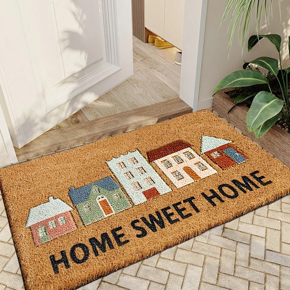 Qingbei Rina Zerbino per Porta Esterna, 60x90cm Zerbino per Porta d'Ingresso in Fibra di Cocco Resistente Esterno con Retro Antiscivolo, Grandi Zerbini per Porta Esterna - Home Sweet Home