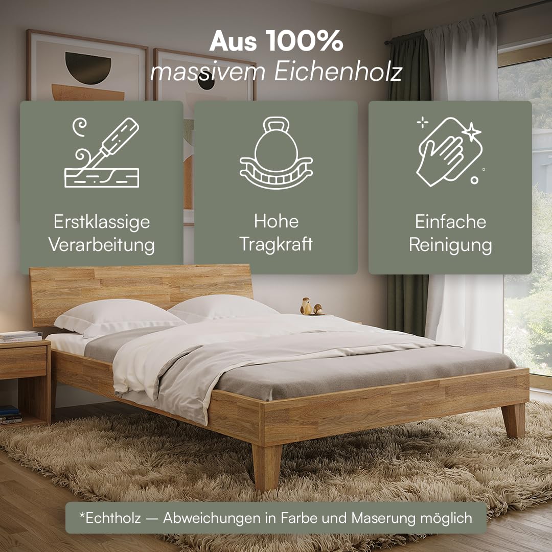 skølm Asgard Massivholzbett 140x200 cm - hochwertiges Holzbett aus Eiche mit Kopfteil – Bettgestell in Natur geölt - Bettrahmen geeignet als Doppelbett - Futonbett - Schlafzimmer Bett