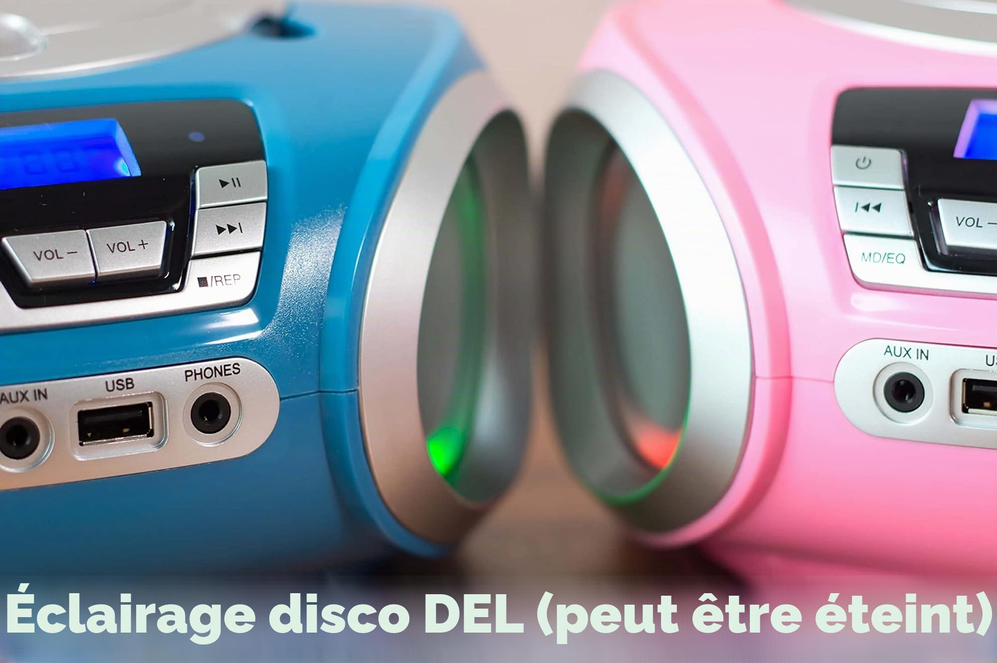 Lecteur CD portable avec radio FM, éclairage LED et USB, prise casque, Aux In - Pretty Kitty Pink