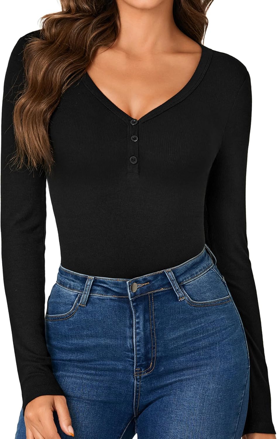 LYANER Women's Henley Shirts Long Sleeve Bodysuit V Neck Button Down Body Suit Leotard Tops - Image 2