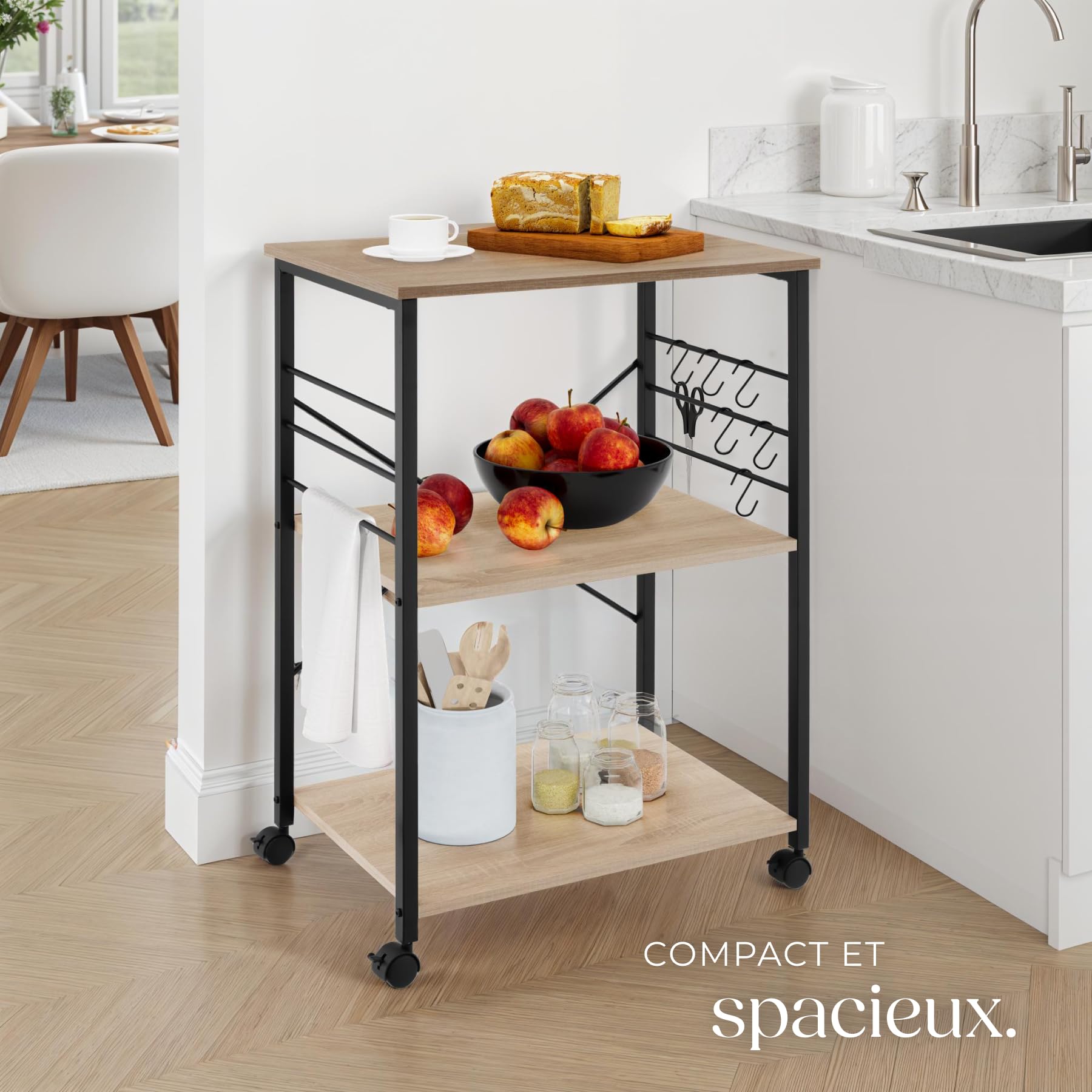 tectake® Desserte à roulettes 65,5 x 45,5 x 88,5 cm, Servante à 3 Niveaux et 6 Crochets pour Accessoires Chariot de Service Desserte de Cuisine roulettes pivotantes à Frein Meuble Cuisine, Bois Clair