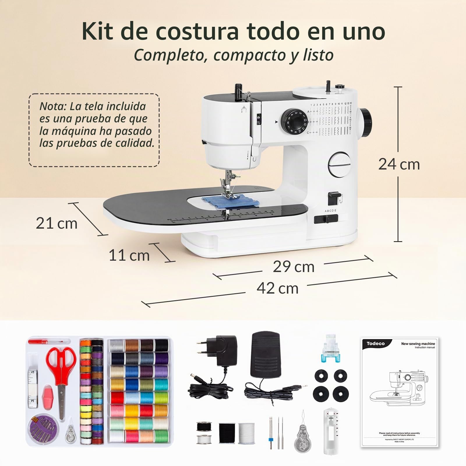 Todeco Máquina de Coser Eléctrica 39 Puntadas con Mesa Extensible | Doble aguja e hilo, velocidad regulable, marcha atrás, luz LED, pedal, kit de costura incluido, para principiantes