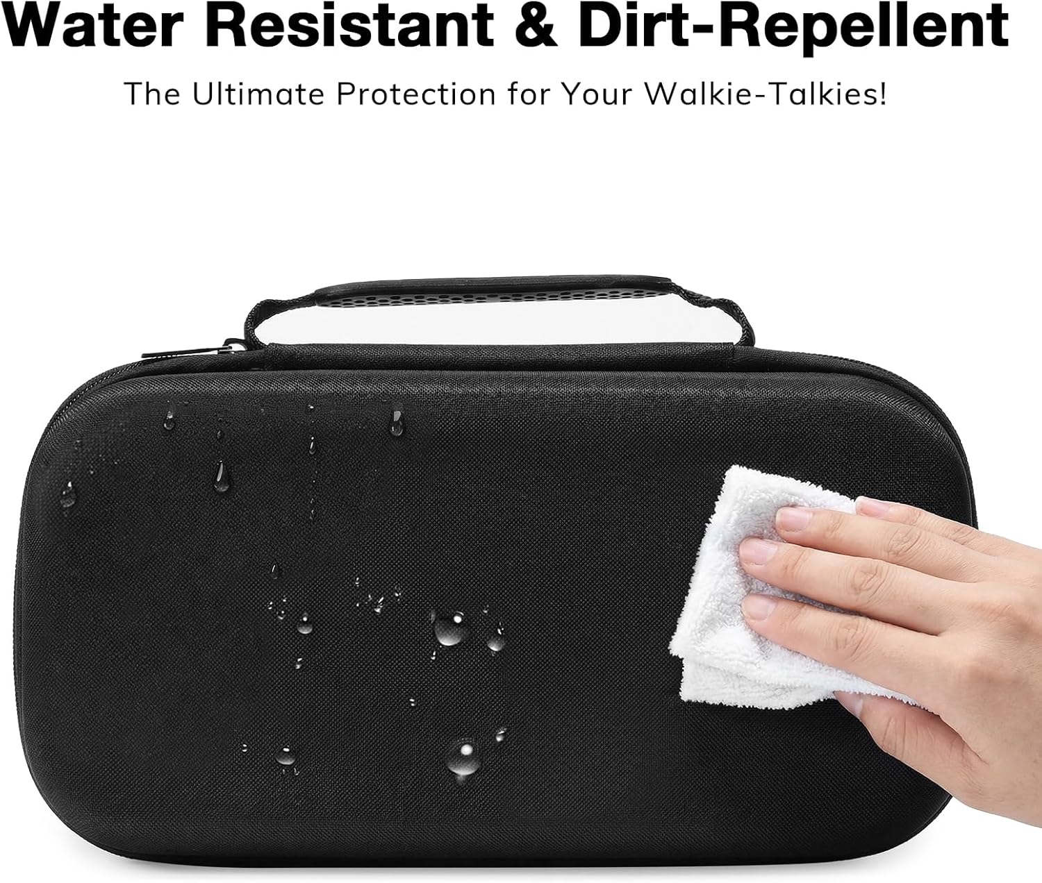 BAOFENG PB5 Carrying Case being wiped with a cloth, showing water droplets on its surface.