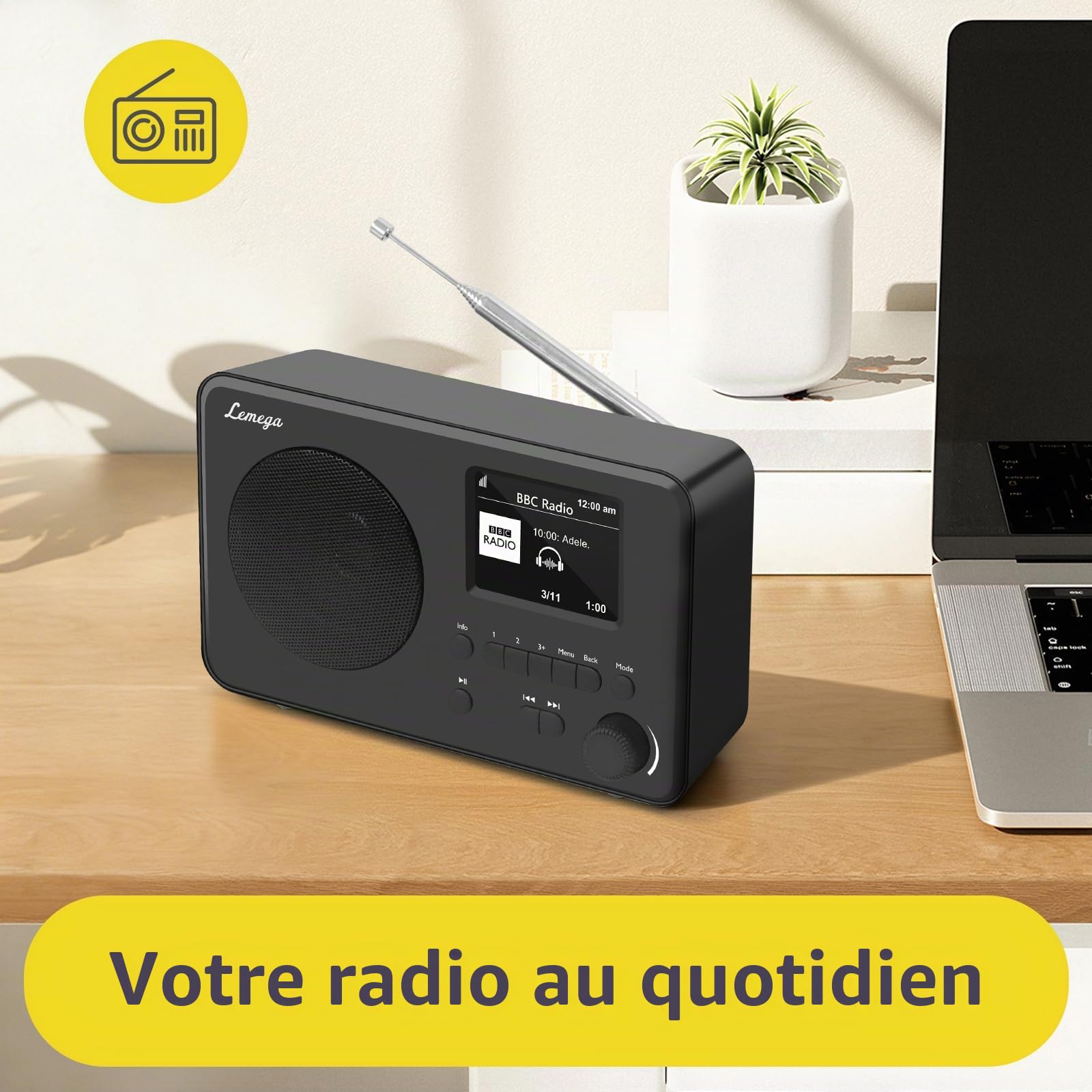 LEMEGA DR3-Max Radio Dab+/Dab/FM, Bluetooth, Écran Couleur 2.4po, Noir | 80 présélections, modes EQ, prise casque, batterie ou secteur, portable jusqu'à 10h, design moderne et compact