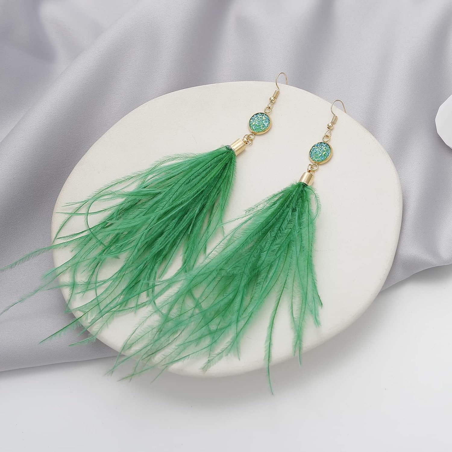 Long Feather Earrings for Women, Bohemian Elegant Delicate Faux Druzy Charms Dangle Earrings - Image 4