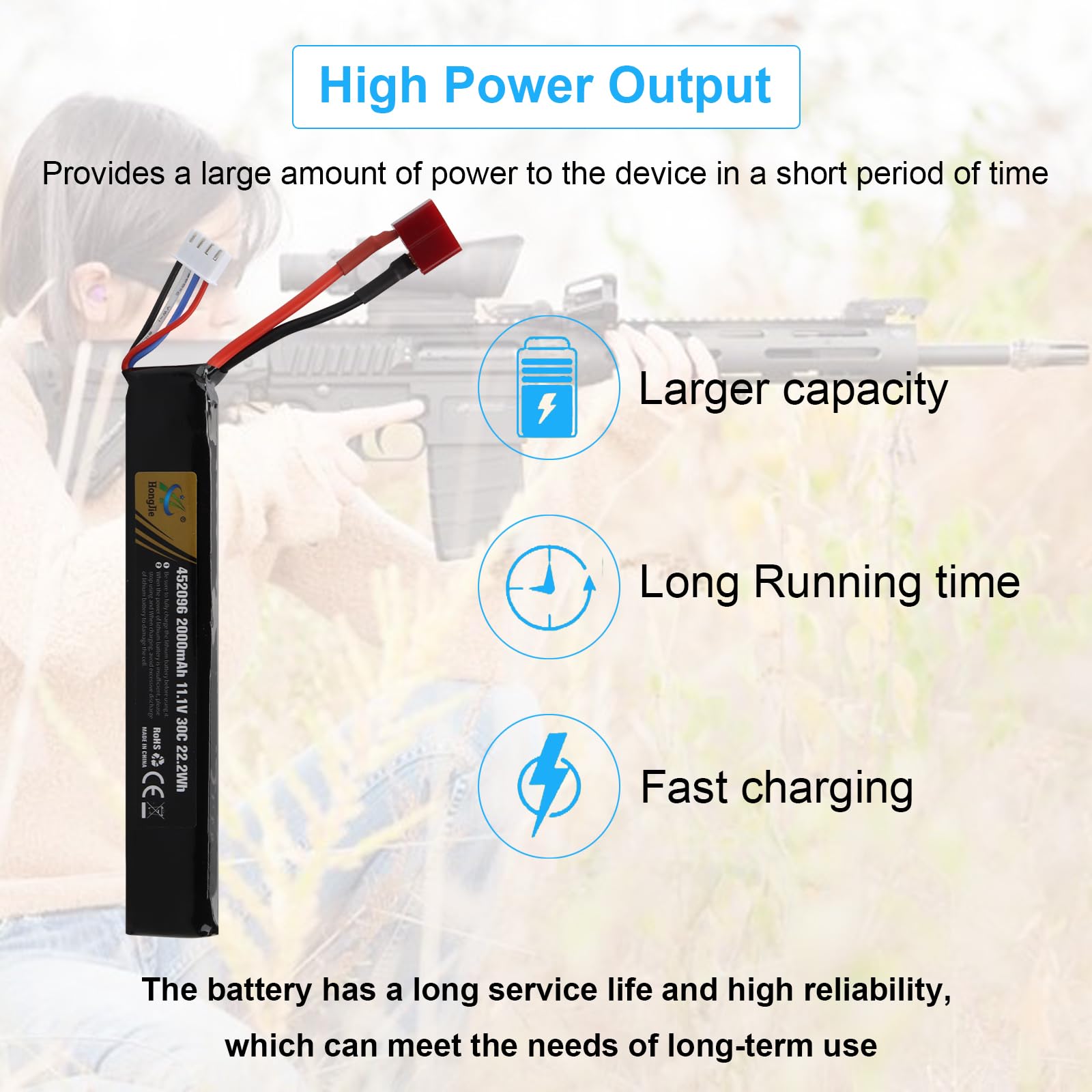 11.1V 2000mAh 22.2Wh Batteria LiPo ricaricabile 3S 30C compatibile con connettore Deans-T per Airsoft M4, M110, AK47, MP5, Scar, M249, AUG, AEG, MP5K, M60, RPK, PKM, modelli di pistole