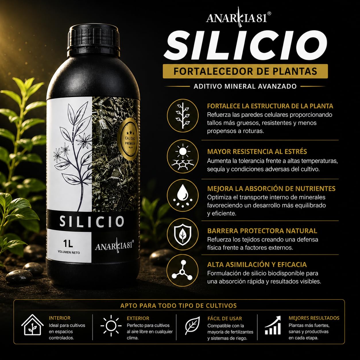 SILICIO 500 ml – Fortalecedor de Plantas con Silicio Aditivo Mineral para Tallos Fuertes Resistencia al Calor y Estrés Cultivo Interior y Exterior - Anarkia81