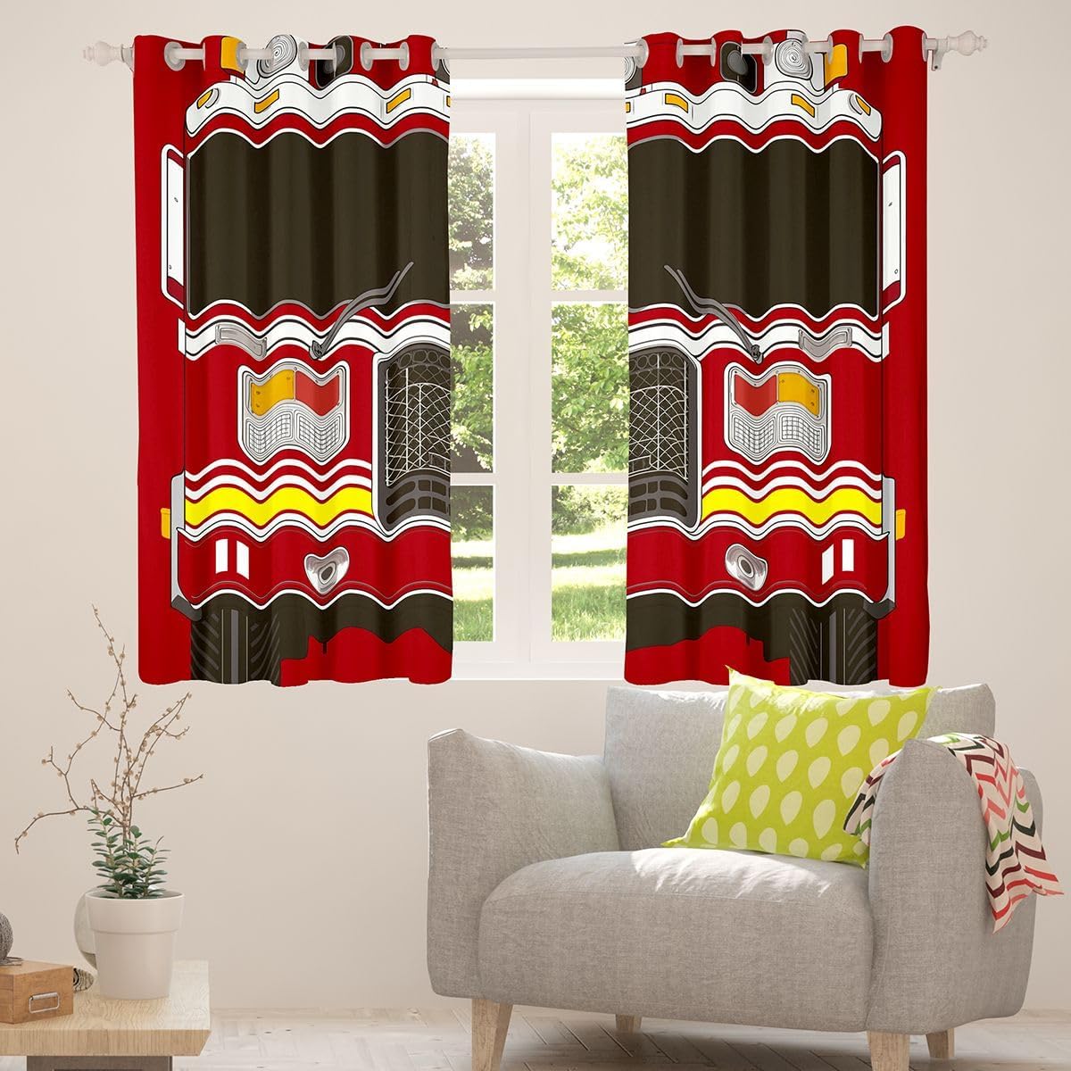 Erosebridal 3D Fire Truck Print Curtains for Kids Adults, Engine Window Treatment Black Red Firemen Car Vehicle, Cartoon Firefighter Draperies Fighting Vehicle Bedroom Decor 2 Panels 38" Wx54 L