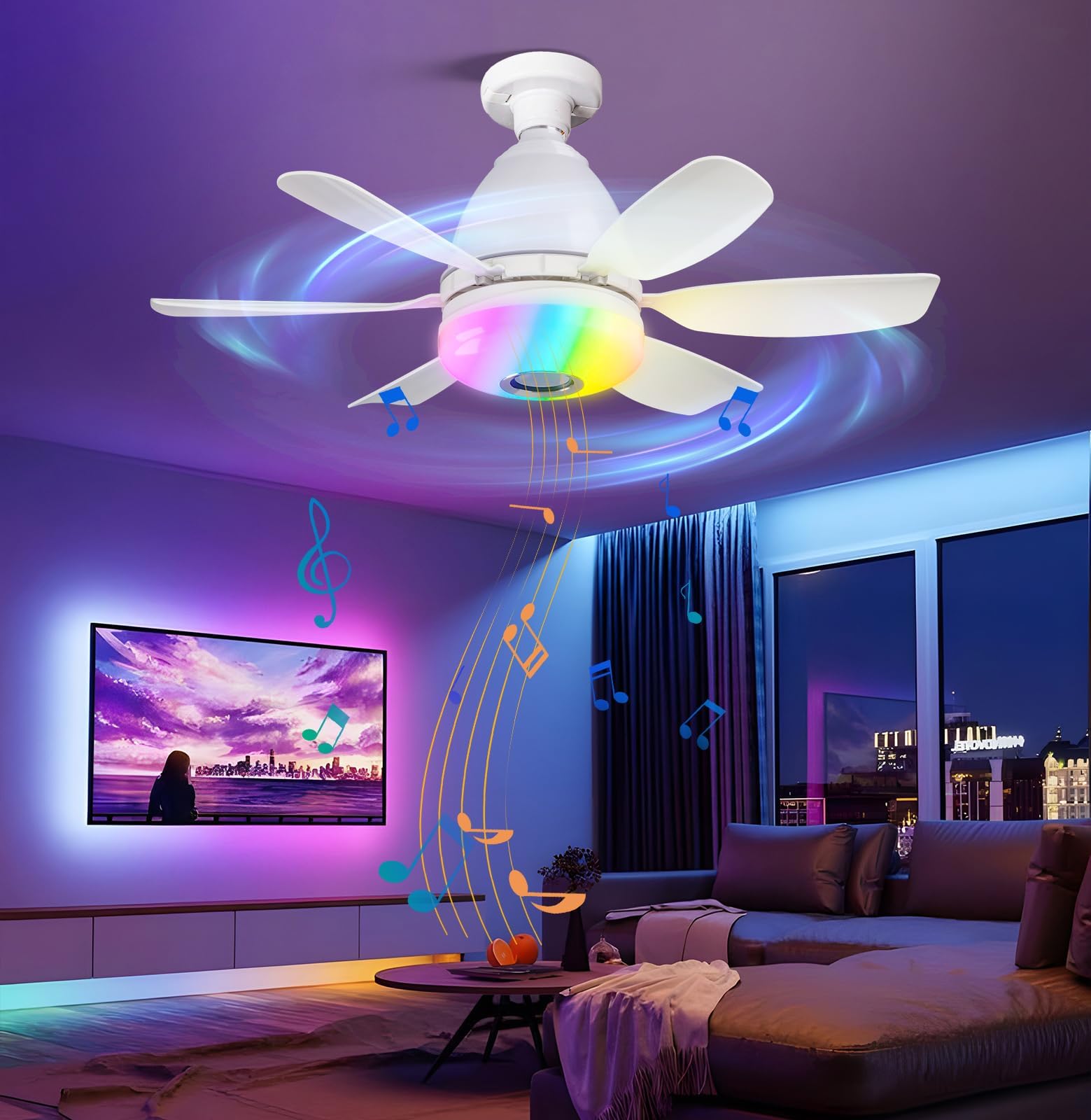 Socket Fan Light with Remote RGB, 20 Inch Small White Ceiling Fans with Lights Smart App Control, Modern Low Profile Quiet Ceiling Fans with Dimmable LED Lights for Bedroom, Screw in E26 Base