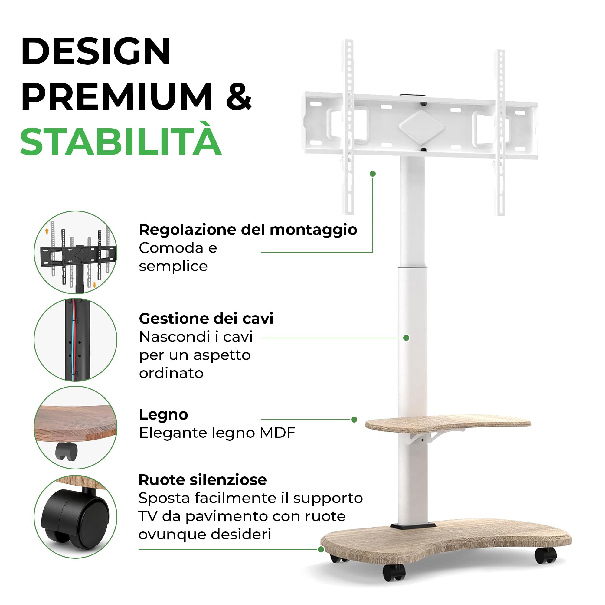 Stellar Supporto TV da pavimento con Ripiano in Legno, Carrello Tele con Ruote Regolabile in Altezza, Piedistallo Televisione 32-70 Pollici, 45 kg, Stand da Terra Universale, VESA 600x400