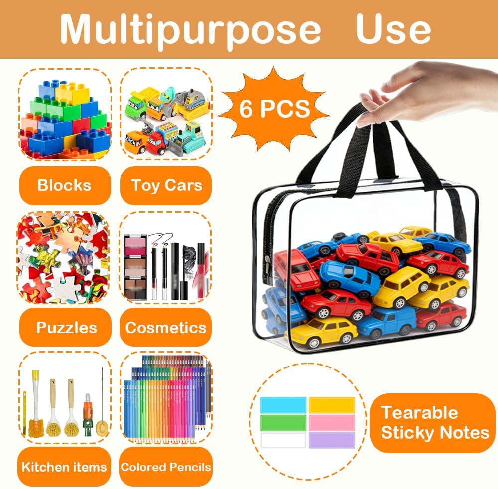 6 Packs Extra Large Toy Storage Bags with Zipper, Reusable Clear PVC Toy Organizer Bag with Labels for Blocks, 11.8″×8.6″×3.9″ Travel Waterproof Organizer Bags for Puzzles, Plastic Toy Container
