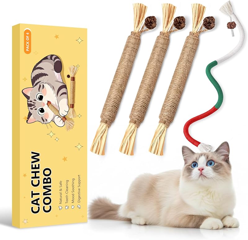 Brinquedo para Gatos com Catnip, Silvervine e Corda Vermelha MAXTOOA, 3 Hastes e 1 Corda