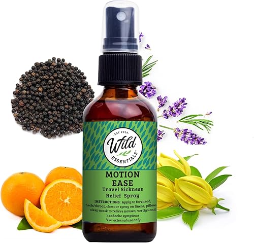 Wild Essentials Motion Ease - Aerosol totalmente natural, 2 onzas, 2 onzas, para mareo, malestar estomacal, vértigo, mareos, aceites esenciales 100%