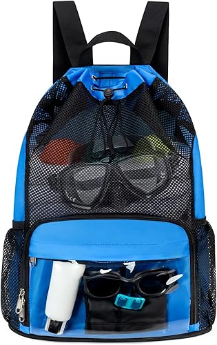 Mochila de playa a prueba de arena con compartimento para zapatos y bolsillo húmedo, bolsa de natación de malla impermeable para piscina, Azul