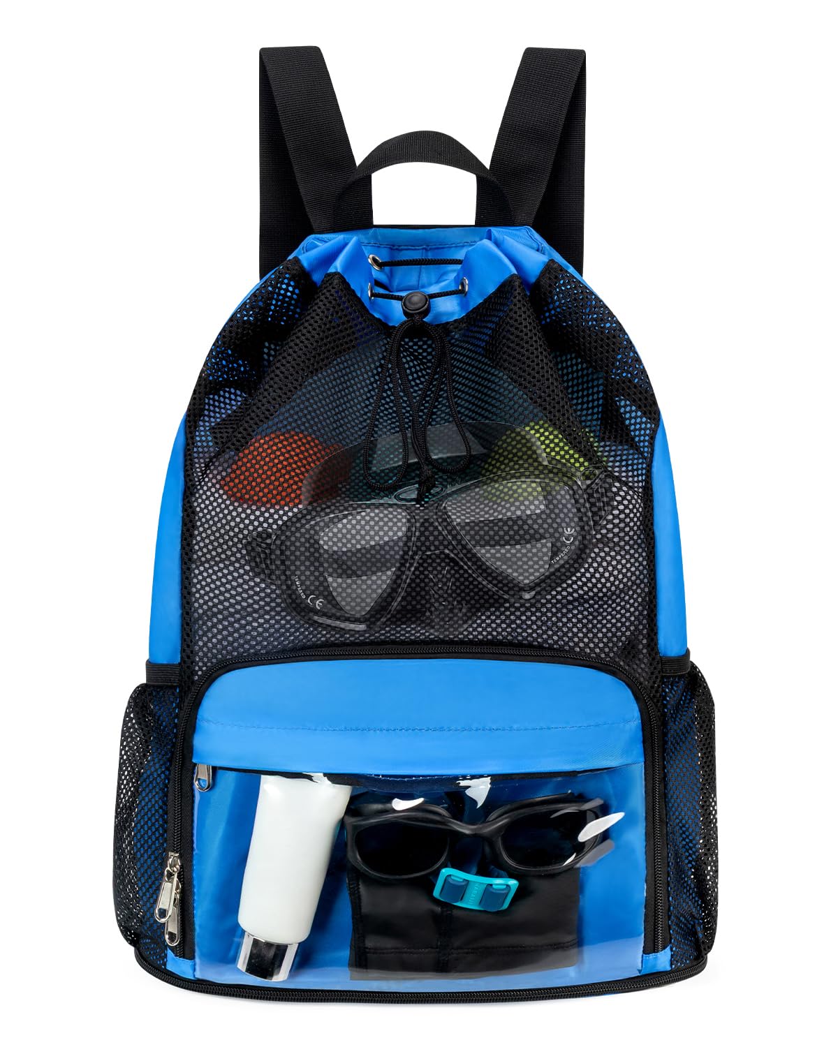 GreenTaya Drawstring Backpack Sandproof Beach Backpack with Shoe Compartment & Wet Pocket Waterproof Mesh Swim Bag Pool Bag for Gym, Travel and Workout Gear (Blue)