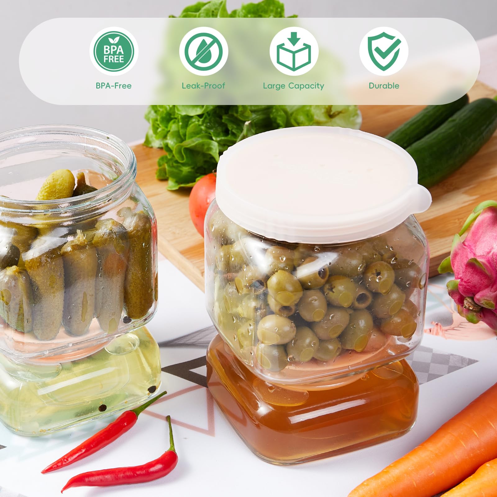 Tarro de cristal para pepinillos con colador abatible, tarro abatible de 46 onzas líquidas, recipiente de pepinillos con colador para aceitunas, encurtidos, pepinillos, jalapeños y otros alimentos en