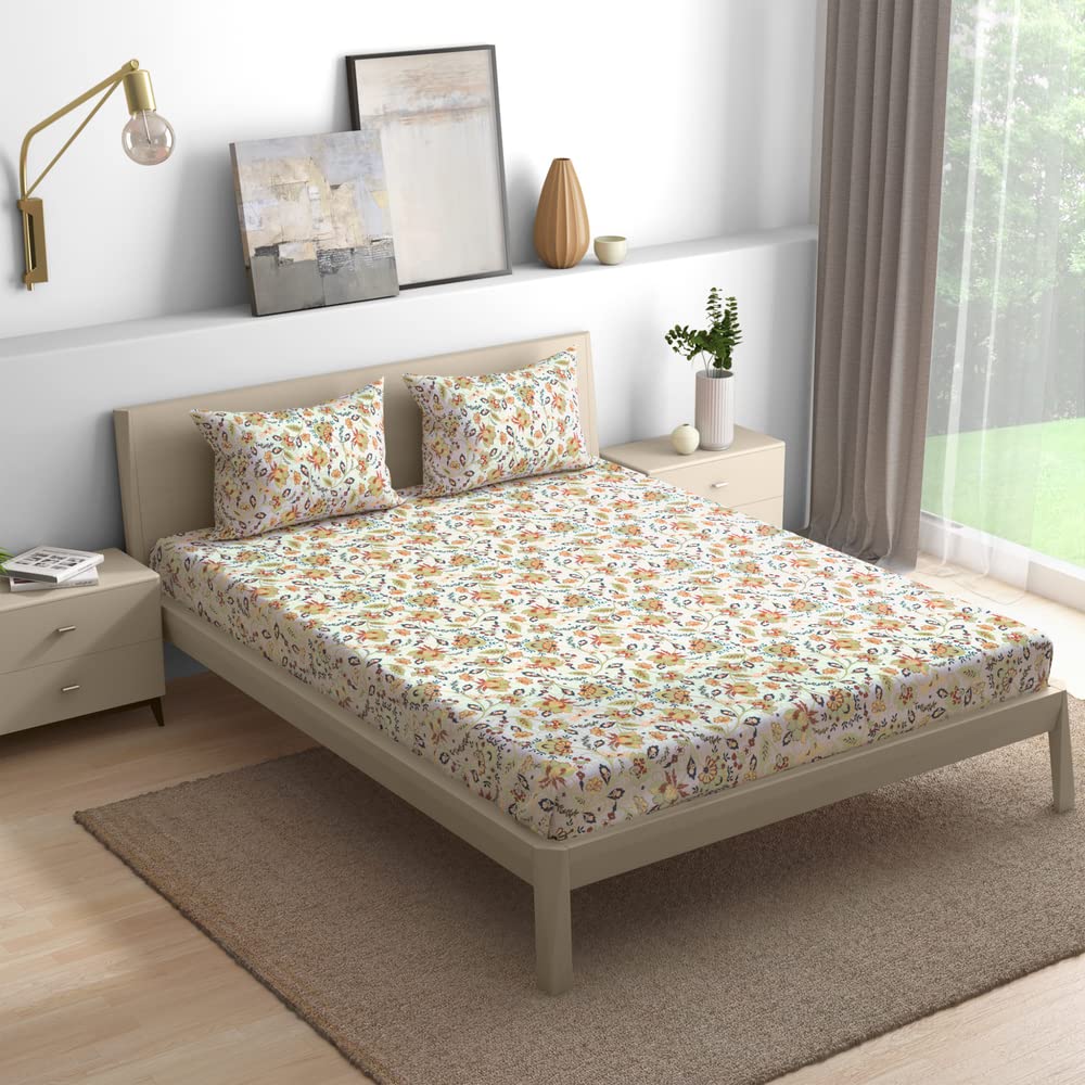 Wakefit Cotton Fitted Bedsheet | 200 TC Elastic Fitted Sheet, Queen Bed Bedsheet with 2 Pillow Covers | Odell - 78x60 inches